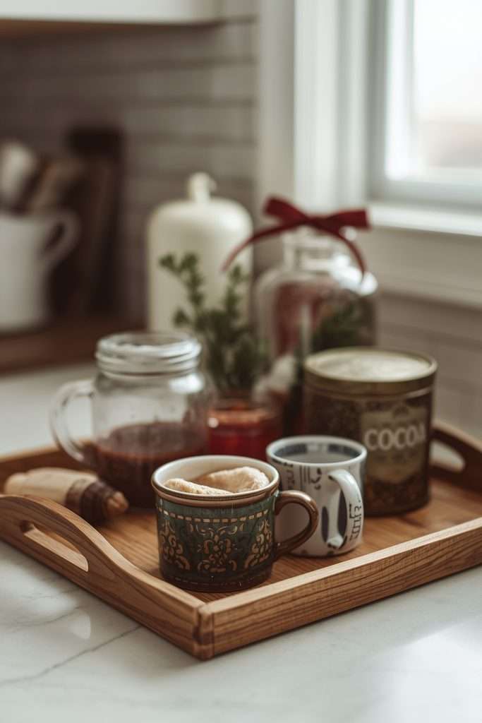 Vintage-inspired hot cocoa station with ceramic mugs and holiday tins.