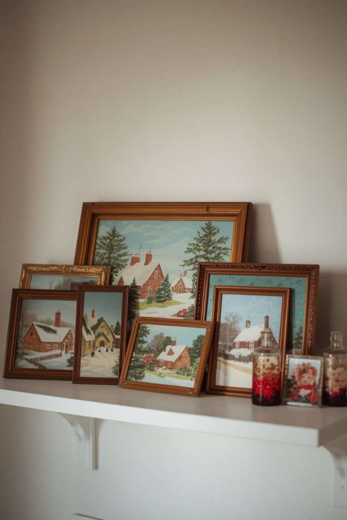 Framed vintage Christmas postcards displayed on a wooden holiday shelf.