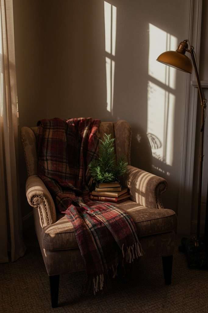 Cozy vintage-inspired Christmas reading nook with plaid blanket and books.