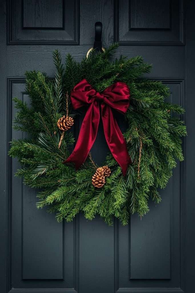 Traditional evergreen Christmas wreath with pinecones and burgundy bow.