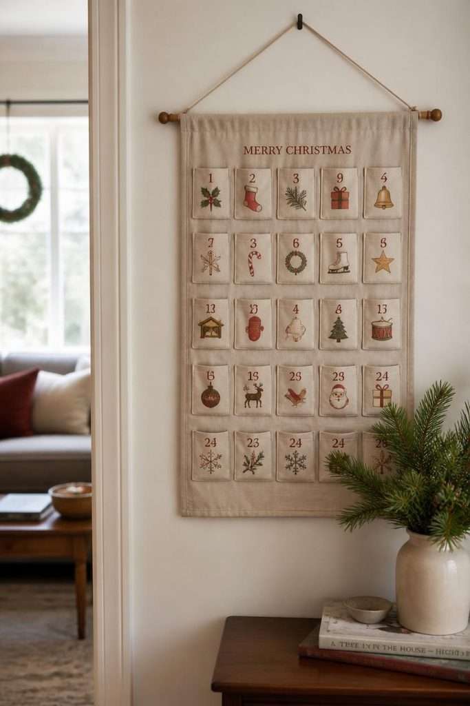 Traditional fabric advent calendar with numbered pockets on a Christmas wall.