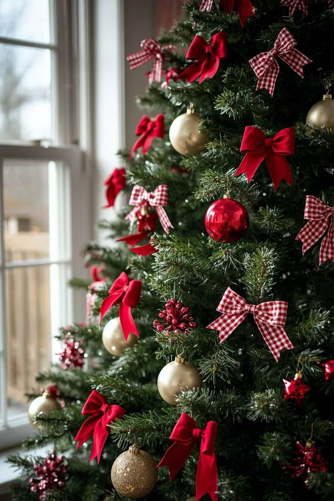 Cranberry velvet and gingham bows decorating a vintage Christmas tree.