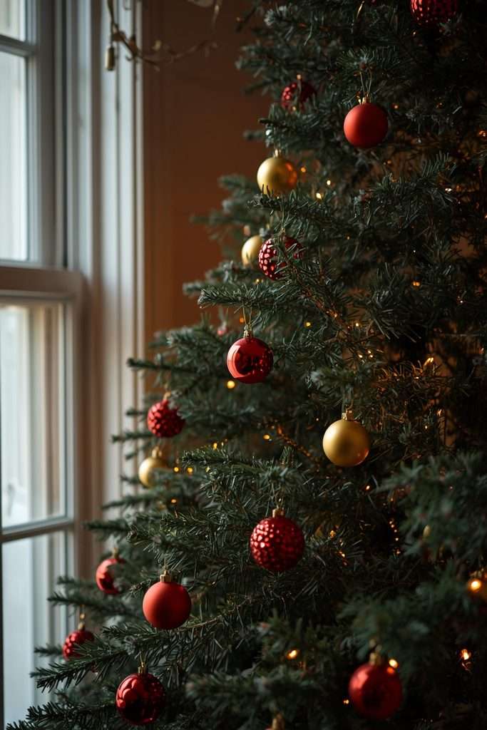 Vintage red and gold glass ornaments hanging on a traditional Christmas tree.