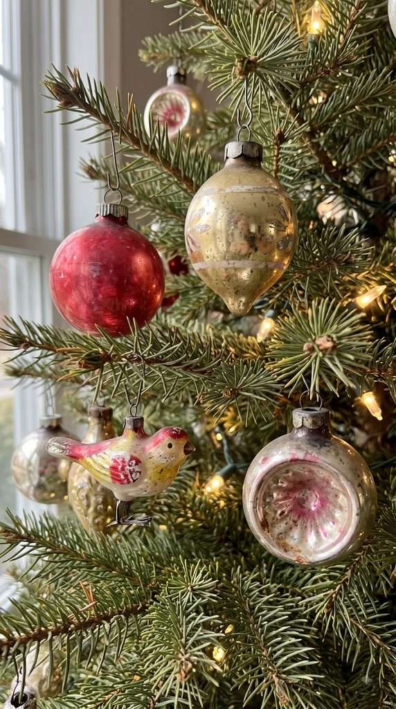 Rustic wooden bowl filled with vintage Christmas ornaments and pinecones.
