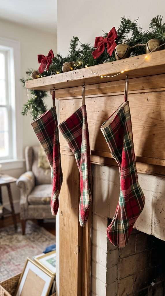 Red and green plaid stockings decorating a cozy traditional Christmas mantel.