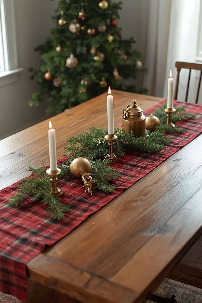 Red plaid Christmas runner styled with evergreen branches on a wooden table.