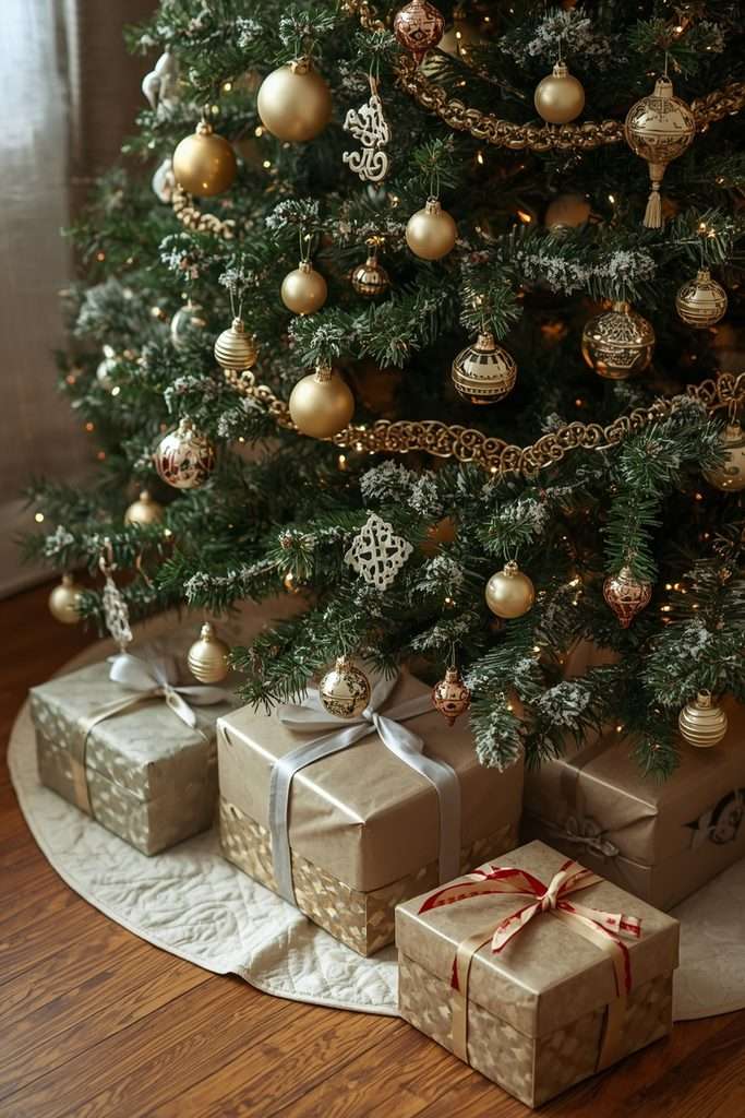Cream quilted tree skirt beneath a traditional decorated Christmas tree.