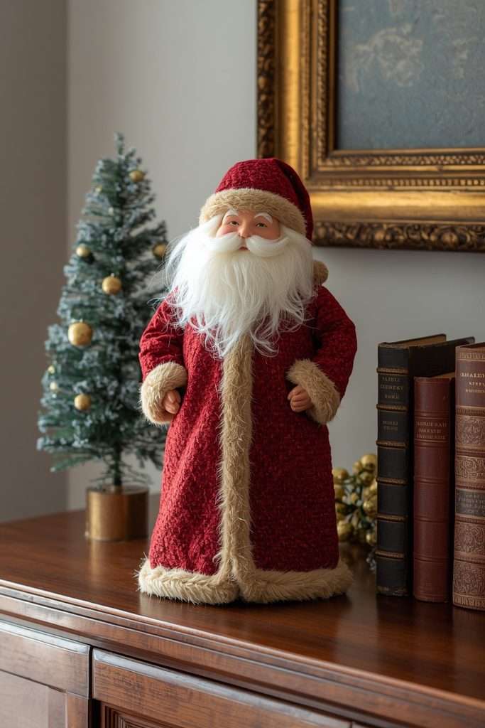 Traditional Santa figurine styled with miniature Christmas trees and old books.