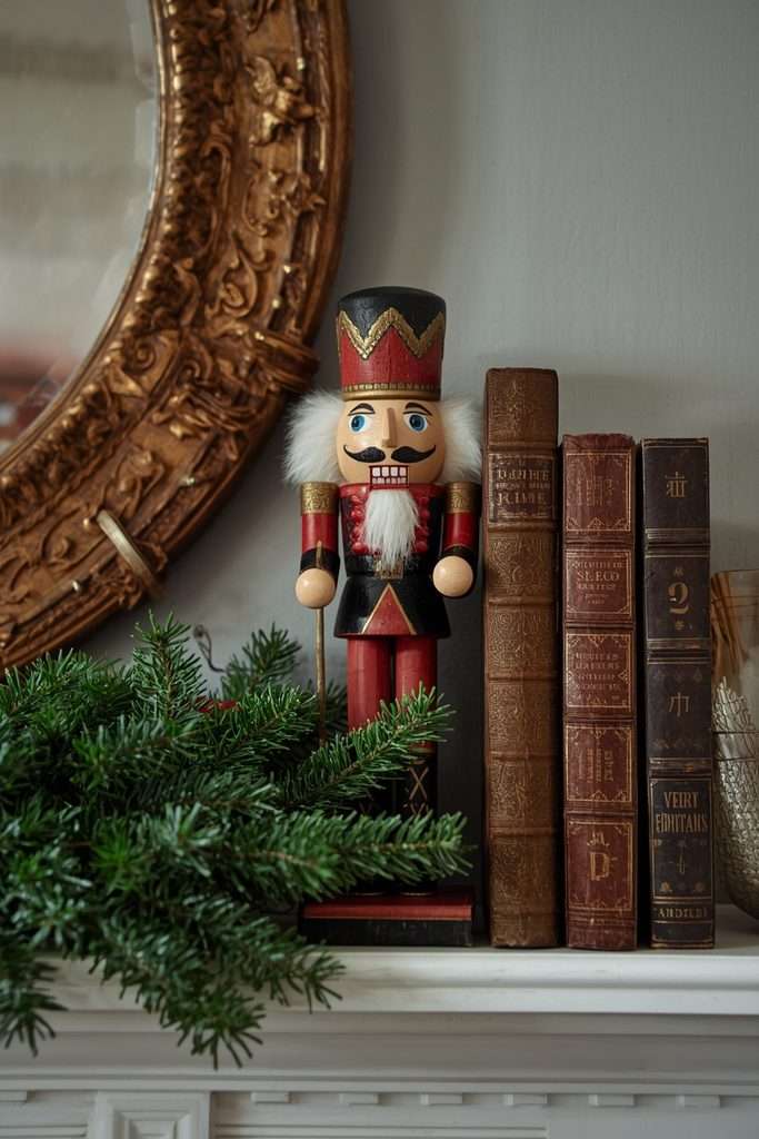 Painted wooden nutcracker displayed with greenery and vintage books.