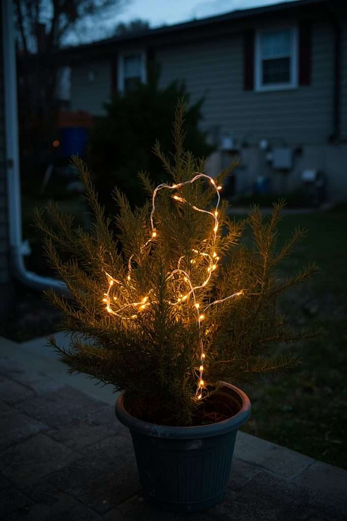 Warm Christmas lights clustered around evergreen porch greenery
