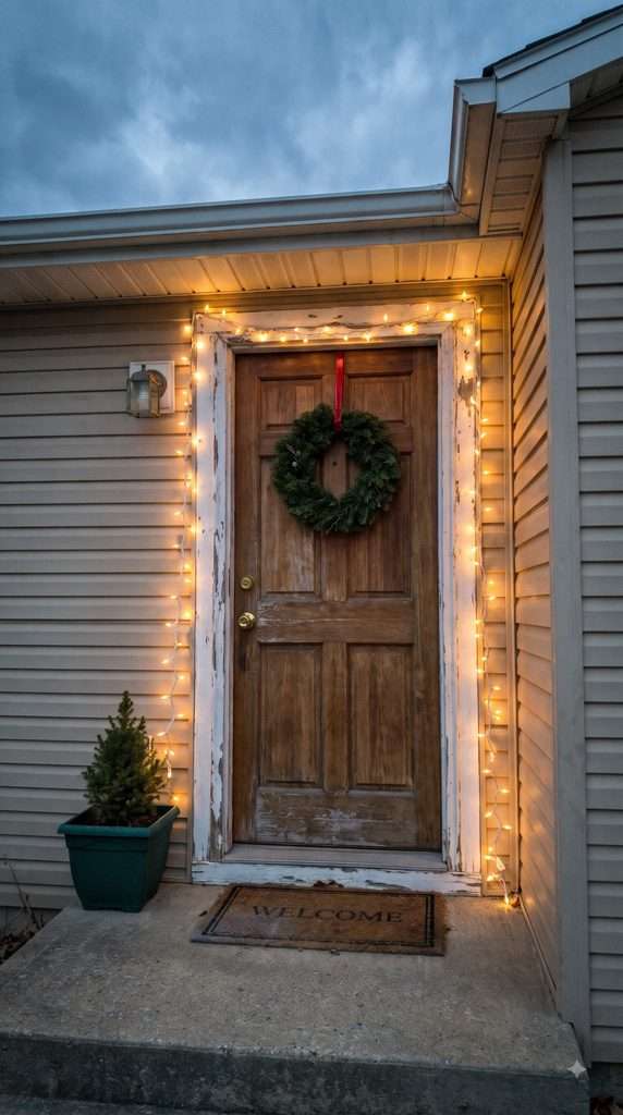 Front door of an American home decorated with warm white Christmas lights, an evergreen wreath, and a welcoming porch planter.