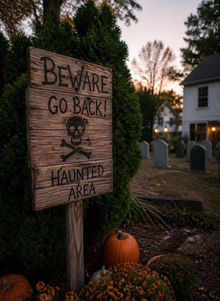 Weathered Halloween warning sign beside a spooky front yard graveyard.