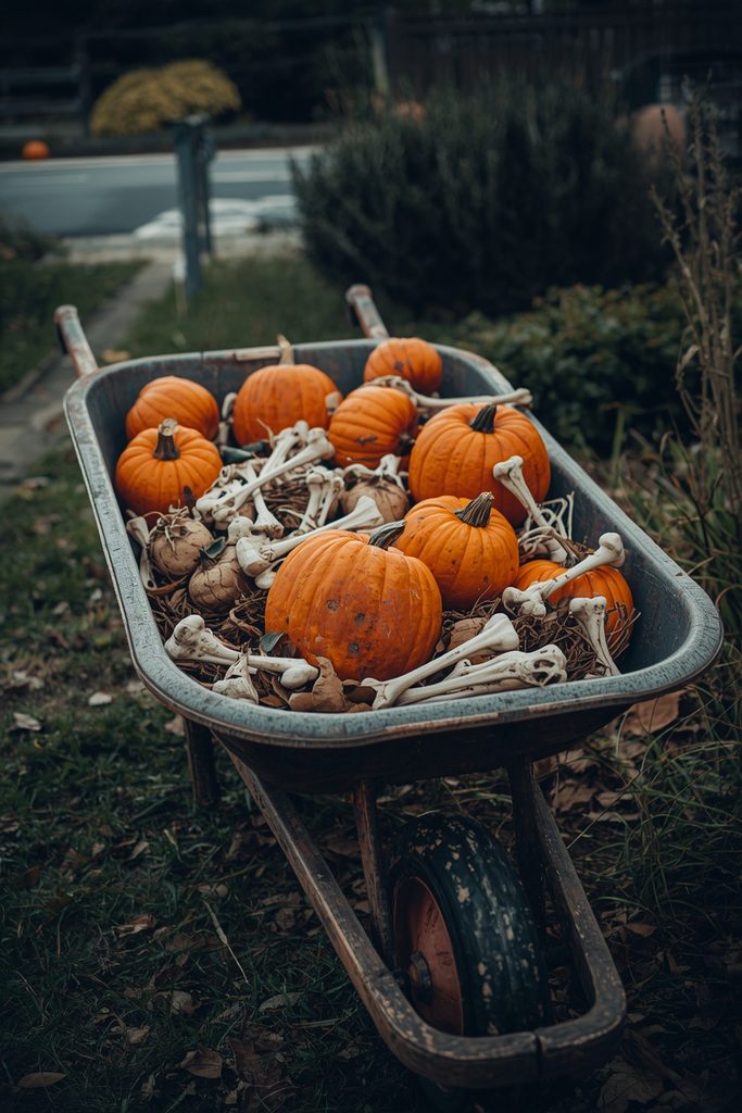 Weathered wheelbarrow filled with pumpkins and spooky Halloween props.