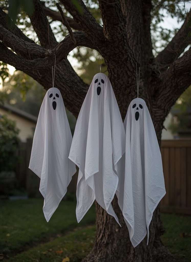 Handmade white ghosts hanging from a tree in a spooky Halloween yard.