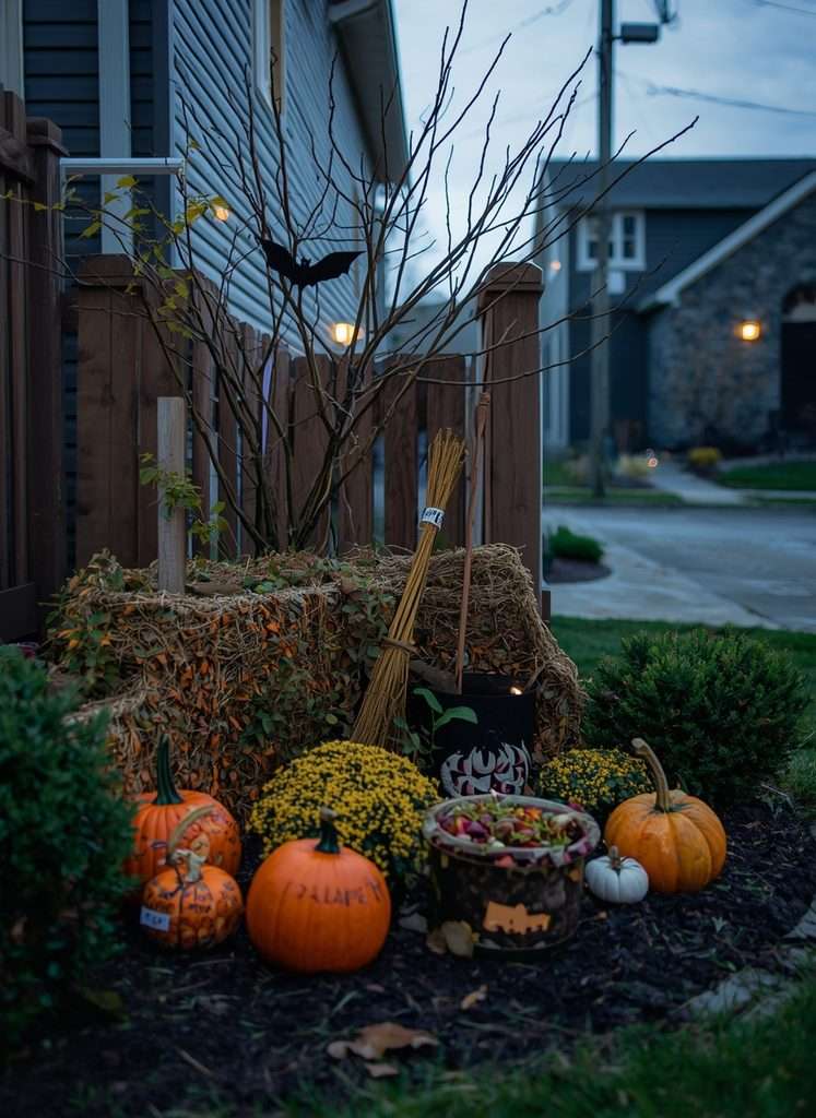 Witch-themed Halloween display tucked naturally into a garden bed.